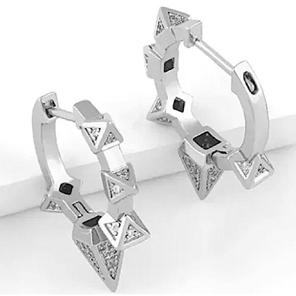 Silver Zircon Spiked Minimalist Earrings, Hoop, Huggie - Picture 2 of 4